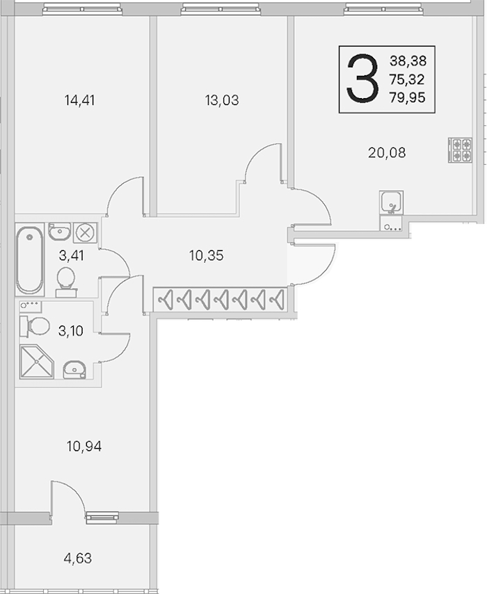 3-комнатная квартира 75.32 м², 1/4 эт., ЖК «Любоград в Стрельне»